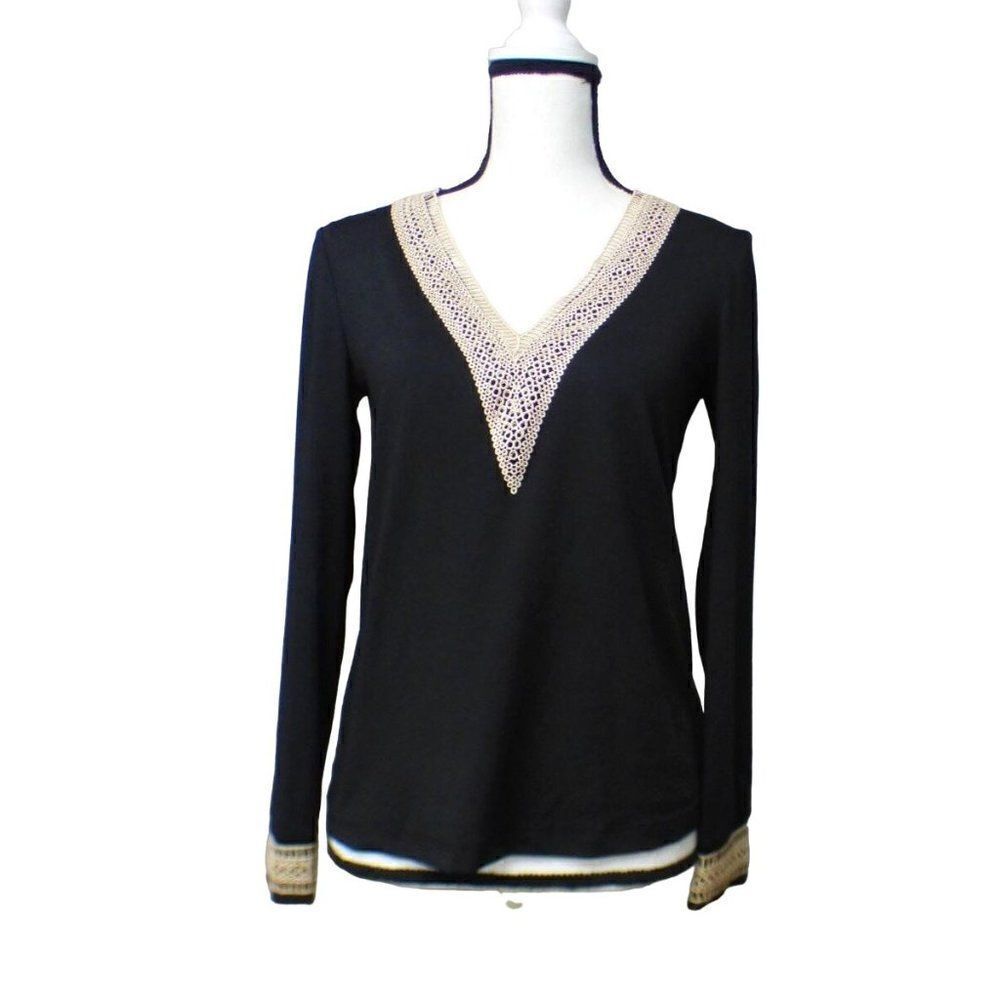 Shein Women’s Crochet Trim Jersey V-neck top, XS, Black